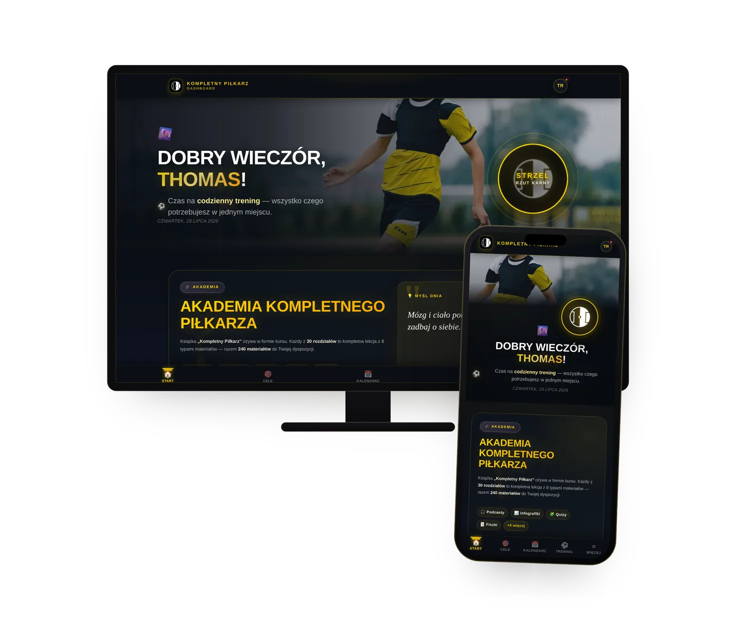 Platforma Edukacyjna — dashboard na komputerze i aplikacja mobilna